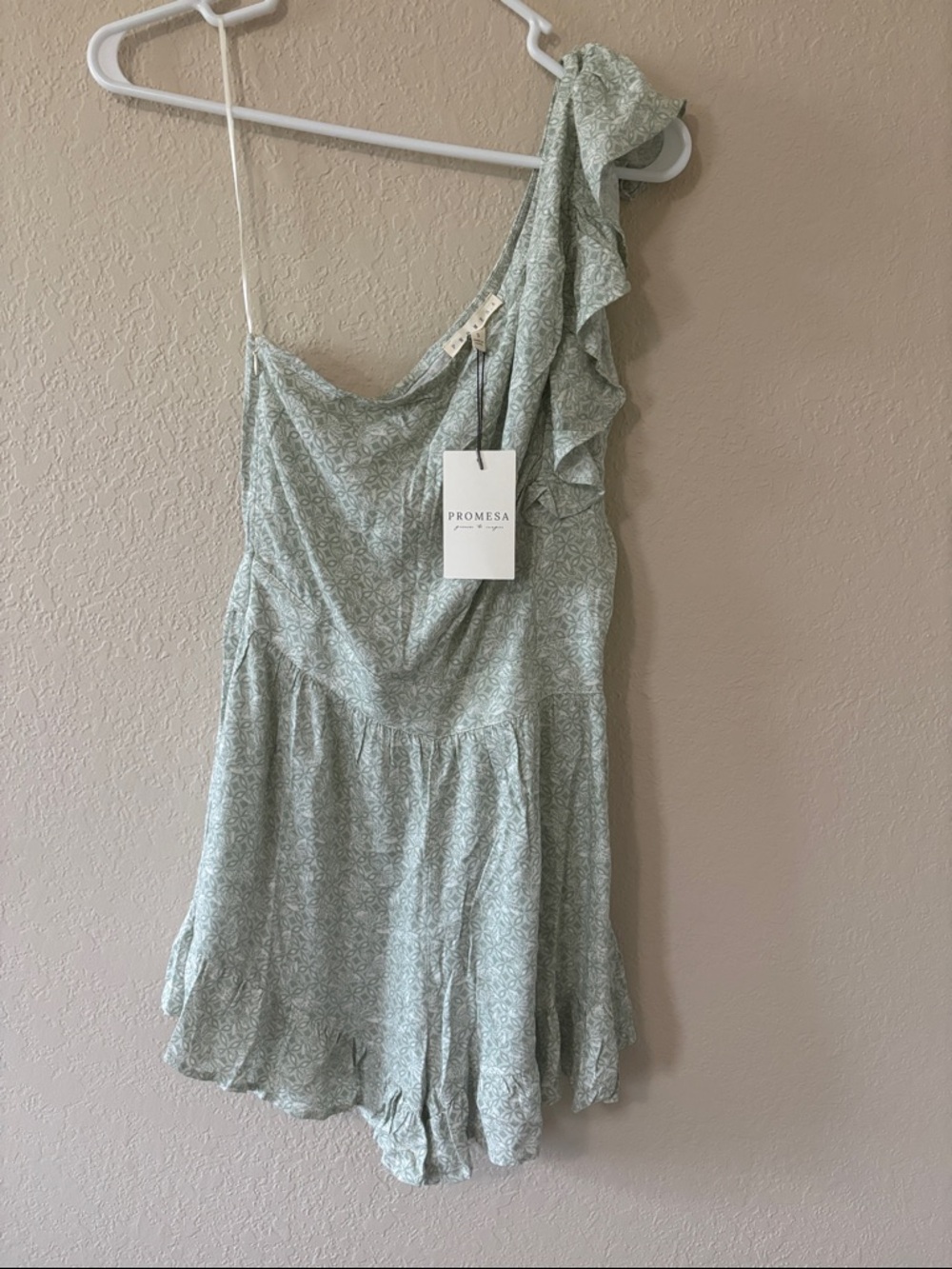 Promesa Light Sage Green One-Shoulder Ruffle Romper